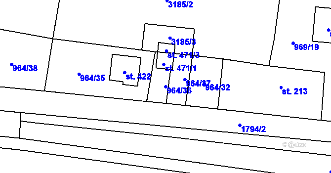 Parcela st. 964/36 v KÚ Chornice, Katastrální mapa