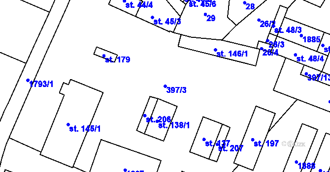 Parcela st. 397/3 v KÚ Chorušice, Katastrální mapa