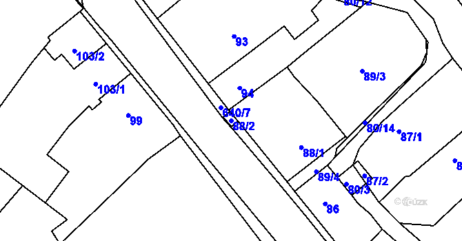 Parcela st. 88/2 v KÚ Choryně, Katastrální mapa