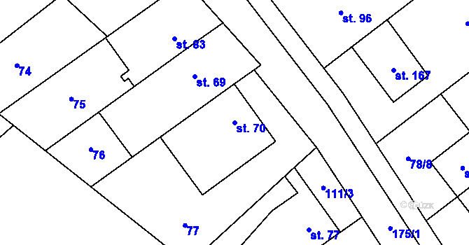 Parcela st. 70 v KÚ Chořelice, Katastrální mapa