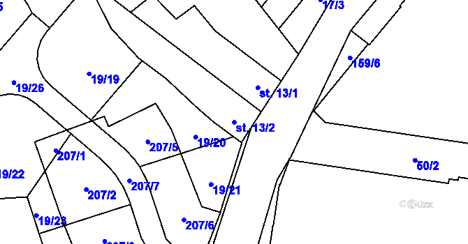 Parcela st. 13/2 v KÚ Chořelice, Katastrální mapa
