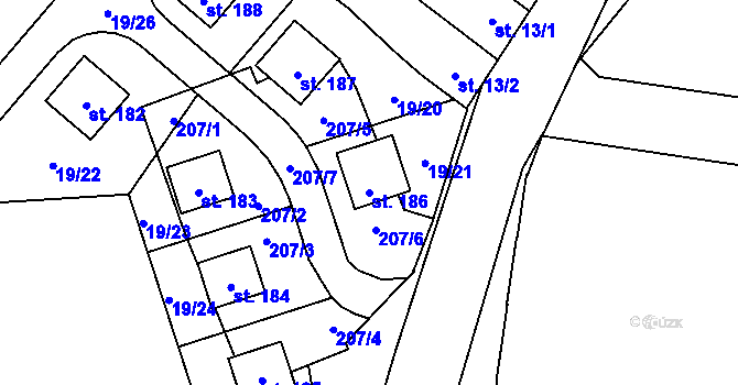 Parcela st. 186 v KÚ Chořelice, Katastrální mapa