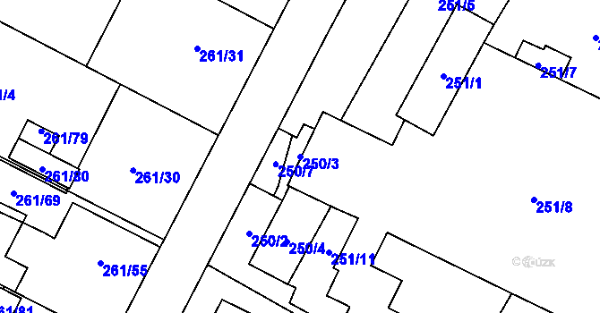 Parcela st. 250/3 v KÚ Chotěboř, Katastrální mapa