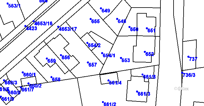 Parcela st. 654/1 v KÚ Chotěboř, Katastrální mapa