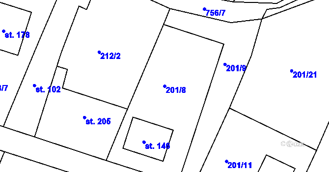 Parcela st. 201/8 v KÚ Choteč u Holic, Katastrální mapa