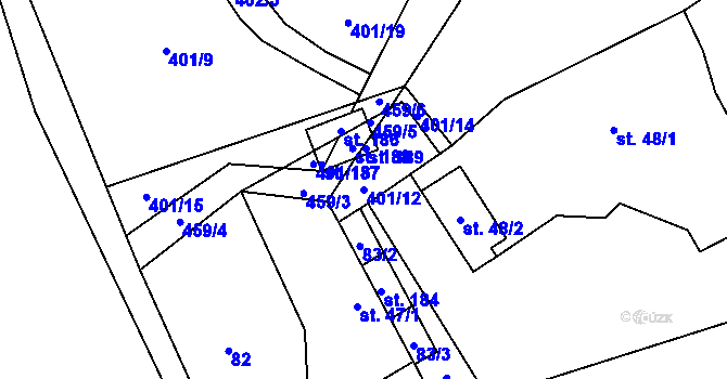 Parcela st. 401/12 v KÚ Chotělice, Katastrální mapa