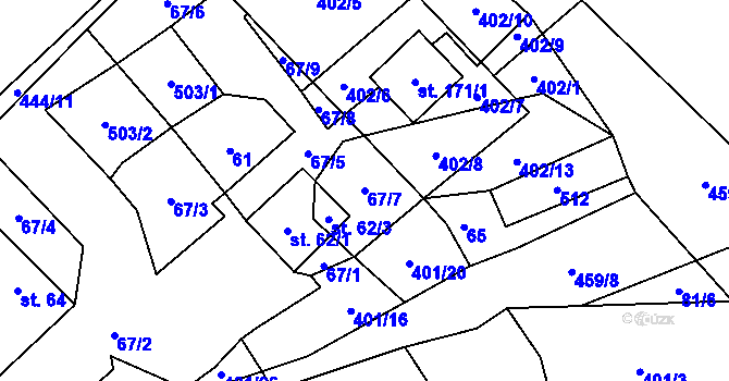 Parcela st. 67/7 v KÚ Chotělice, Katastrální mapa