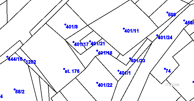 Parcela st. 401/18 v KÚ Chotělice, Katastrální mapa