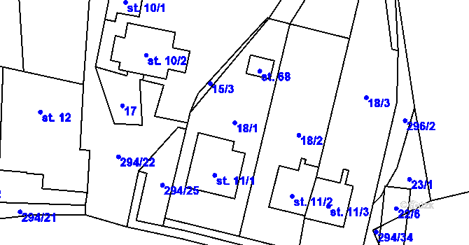 Parcela st. 18/1 v KÚ Olšany u Chotěnova, Katastrální mapa