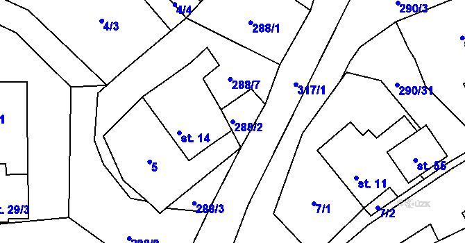 Parcela st. 288/2 v KÚ Chotěšiny, Katastrální mapa