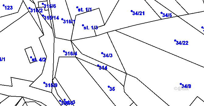 Parcela st. 34/3 v KÚ Stojanovice, Katastrální mapa