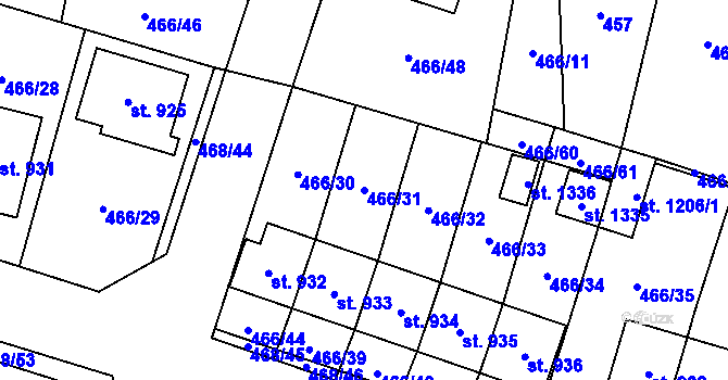 Parcela st. 466/31 v KÚ Chotěšov, Katastrální mapa