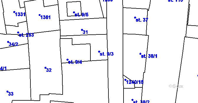 Parcela st. 9/3 v KÚ Mantov, Katastrální mapa