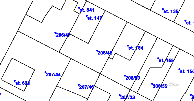 Parcela st. 206/45 v KÚ Chotětov, Katastrální mapa