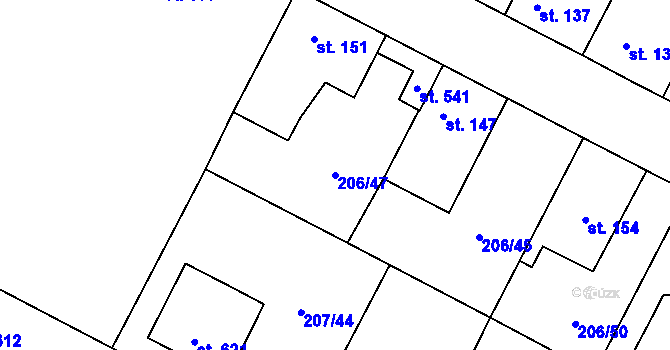 Parcela st. 206/47 v KÚ Chotětov, Katastrální mapa