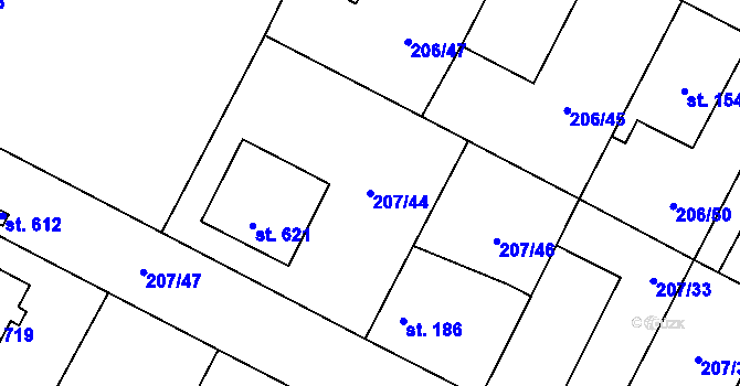 Parcela st. 207/44 v KÚ Chotětov, Katastrální mapa