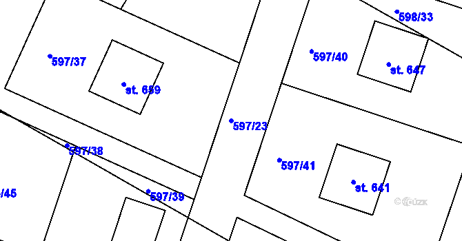 Parcela st. 597/23 v KÚ Chotětov, Katastrální mapa