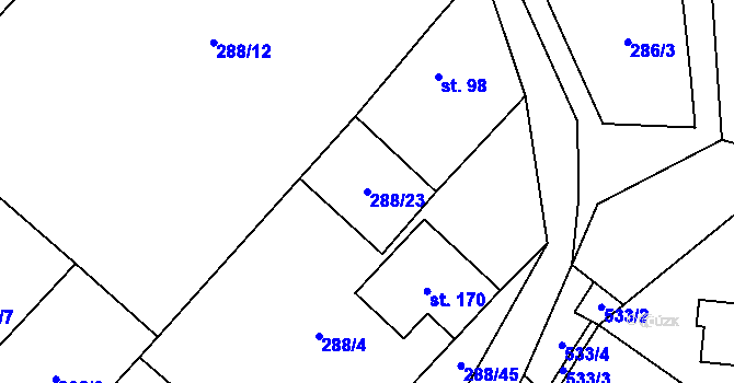 Parcela st. 288/23 v KÚ Chotiměř, Katastrální mapa