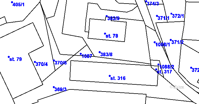 Parcela st. 383/8 v KÚ Chotyně, Katastrální mapa