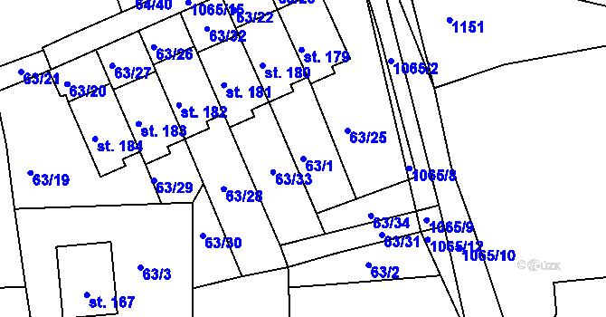 Parcela st. 63/1 v KÚ Chožov, Katastrální mapa