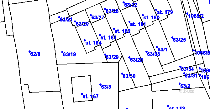Parcela st. 63/29 v KÚ Chožov, Katastrální mapa