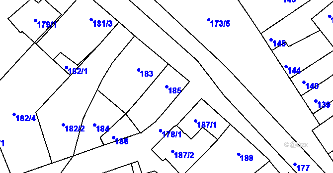 Parcela st. 185 v KÚ Chrlice, Katastrální mapa