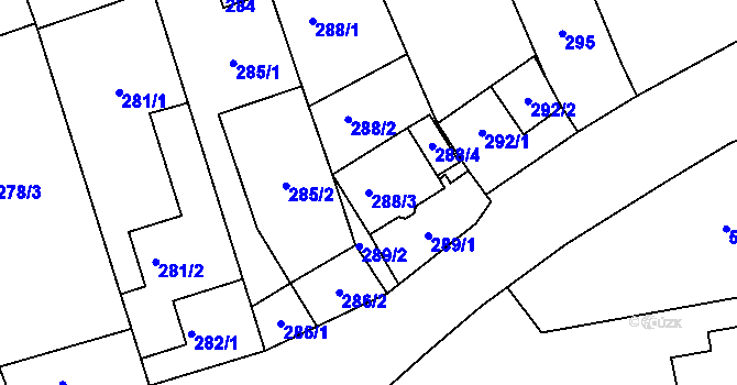 Parcela st. 288/3 v KÚ Chrlice, Katastrální mapa