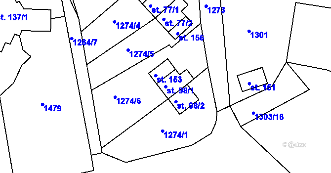 Parcela st. 98/1 v KÚ Leptač, Katastrální mapa