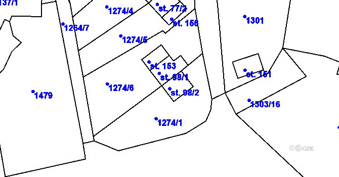 Parcela st. 98/2 v KÚ Leptač, Katastrální mapa
