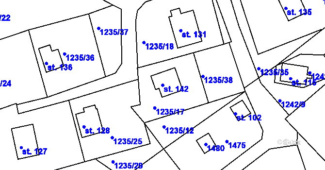 Parcela st. 142 v KÚ Leptač, Katastrální mapa