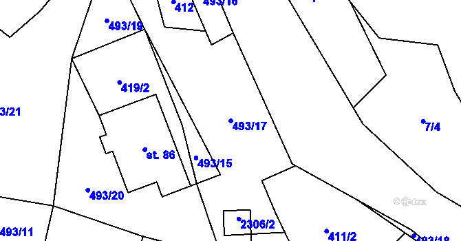 Parcela st. 493/17 v KÚ Záhoří u Chrobol, Katastrální mapa