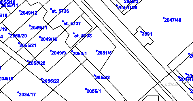 Parcela st. 2051/5 v KÚ Chrudim, Katastrální mapa