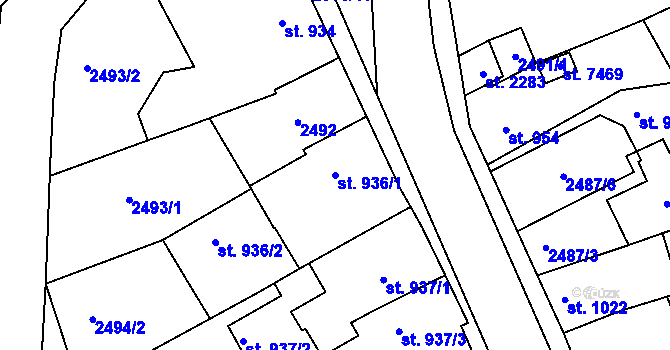 Parcela st. 936/1 v KÚ Chrudim, Katastrální mapa