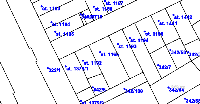 Parcela st. 1165 v KÚ Chrudim, Katastrální mapa