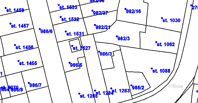 Parcela st. 986/3 v KÚ Chrudim, Katastrální mapa