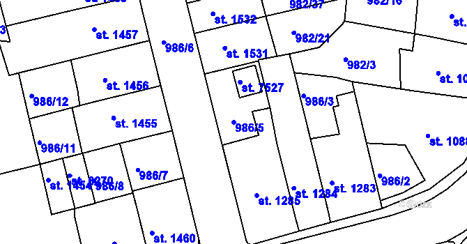 Parcela st. 986/5 v KÚ Chrudim, Katastrální mapa