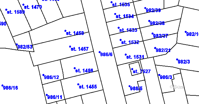 Parcela st. 986/6 v KÚ Chrudim, Katastrální mapa
