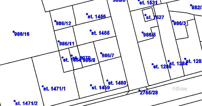 Parcela st. 986/7 v KÚ Chrudim, Katastrální mapa