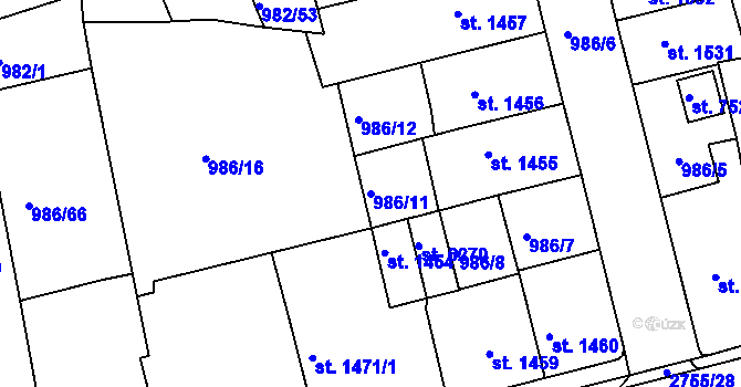 Parcela st. 986/11 v KÚ Chrudim, Katastrální mapa