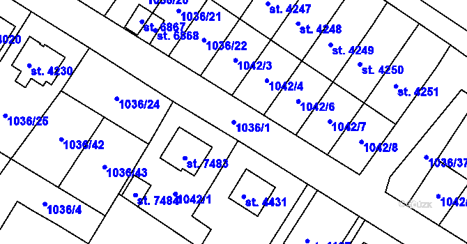 Parcela st. 1036/1 v KÚ Chrudim, Katastrální mapa