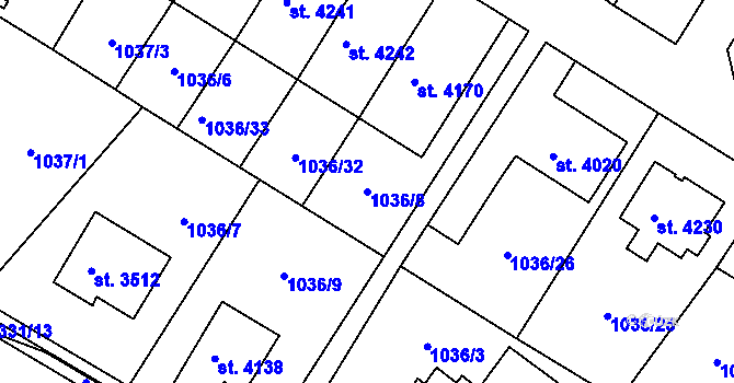 Parcela st. 1036/8 v KÚ Chrudim, Katastrální mapa