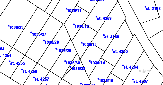 Parcela st. 1036/13 v KÚ Chrudim, Katastrální mapa