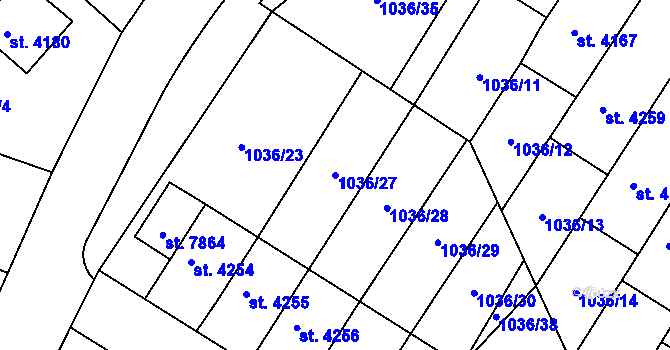 Parcela st. 1036/27 v KÚ Chrudim, Katastrální mapa