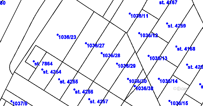 Parcela st. 1036/28 v KÚ Chrudim, Katastrální mapa