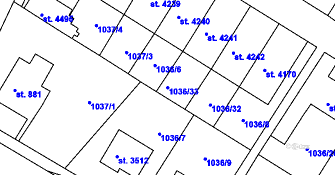 Parcela st. 1036/33 v KÚ Chrudim, Katastrální mapa