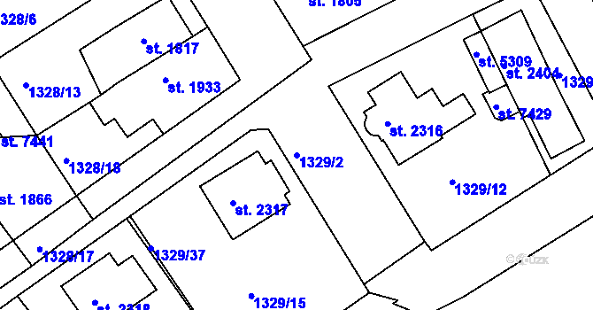 Parcela st. 1329/2 v KÚ Chrudim, Katastrální mapa