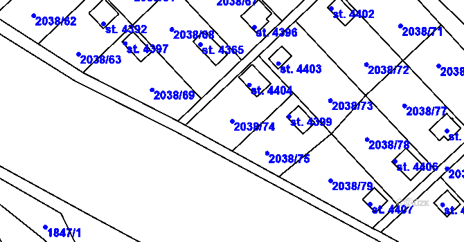 Parcela st. 2038/74 v KÚ Chrudim, Katastrální mapa