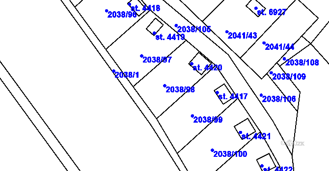 Parcela st. 2038/98 v KÚ Chrudim, Katastrální mapa