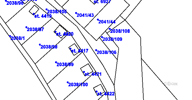 Parcela st. 2038/106 v KÚ Chrudim, Katastrální mapa