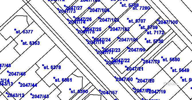 Parcela st. 2047/77 v KÚ Chrudim, Katastrální mapa